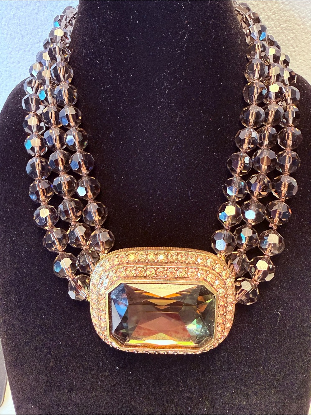 Heidi Daus Smoky Brown Multi-Strand Crystal Necklace with Gold-Tone Center Stone